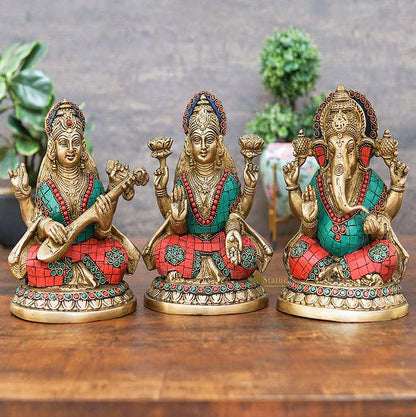Brass Ganesha Laxmi Saraswati Statue Home Pooja Office Décor Diwali Gift Idols 8" by vendor-unknown - Hindu Gods (View 2)