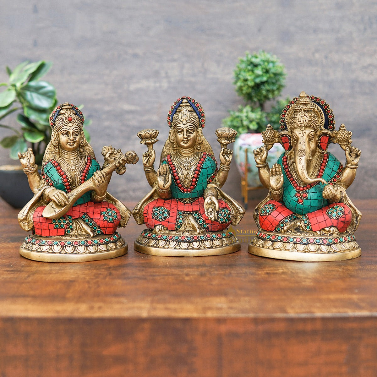 Brass Ganesha Laxmi Saraswati Statue Home Pooja Office Décor Diwali Gift Idols 8" - Eco-friendly - Sama Homes