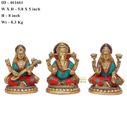 Brass Ganesha Laxmi Saraswati Statue Home Pooja Office Décor Diwali Gift Idols 8" by vendor-unknown - Hindu Gods (View 6)
