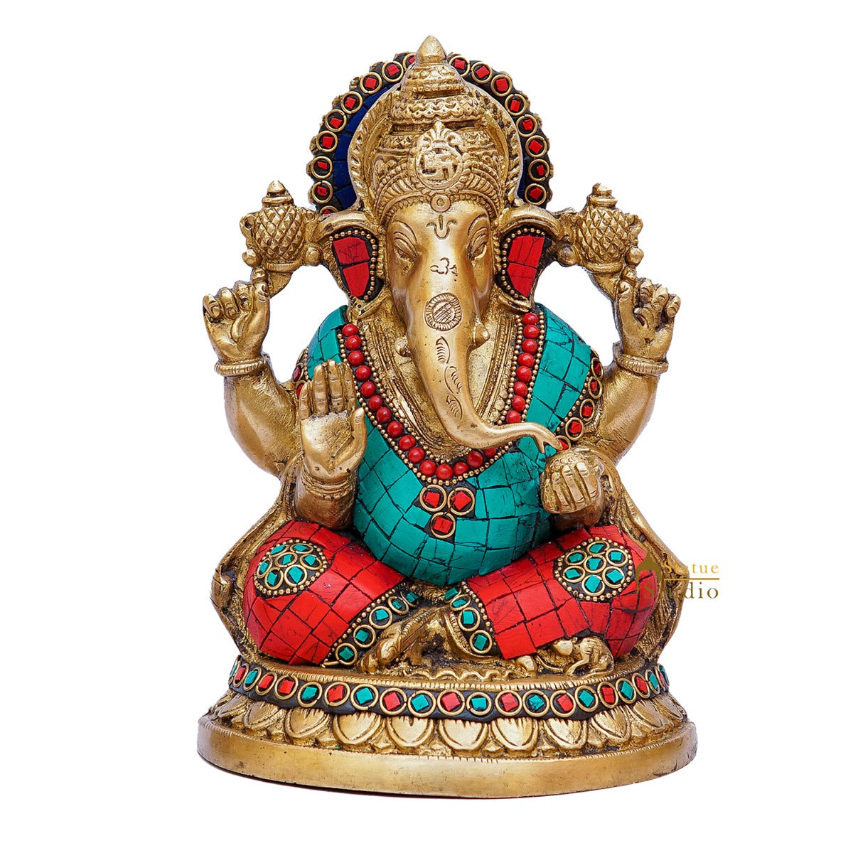 Brass Ganesha Statue Stone Work For Home Decor Gift 8" - Image 2