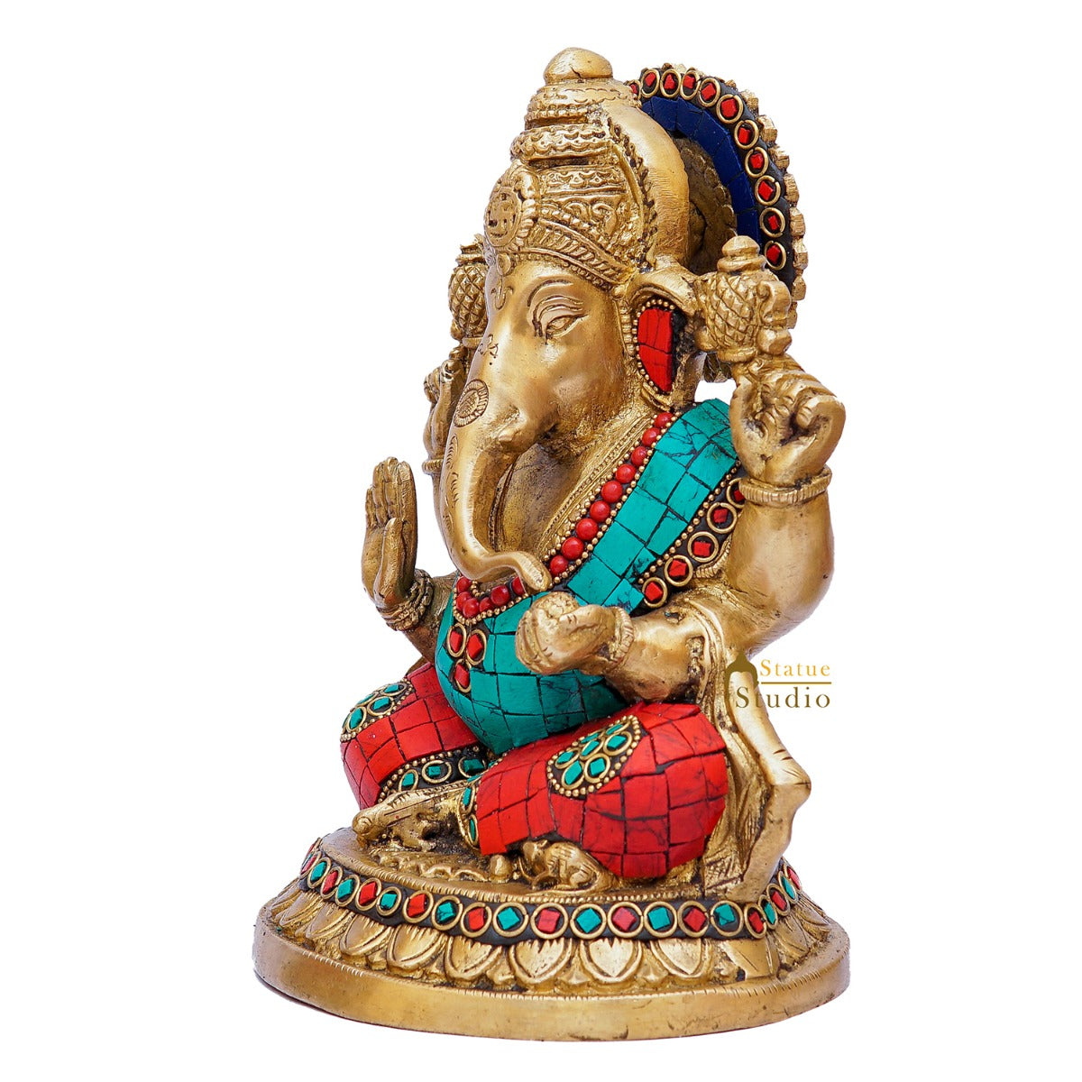 Brass Ganesha Statue Stone Work For Home Decor Gift 8" - Image 3