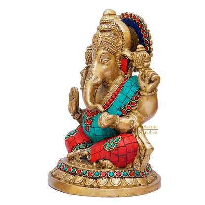 Brass Ganesha Statue Stone Work For Home Decor Gift 8" by vendor-unknown - Hindu Gods (View 3)