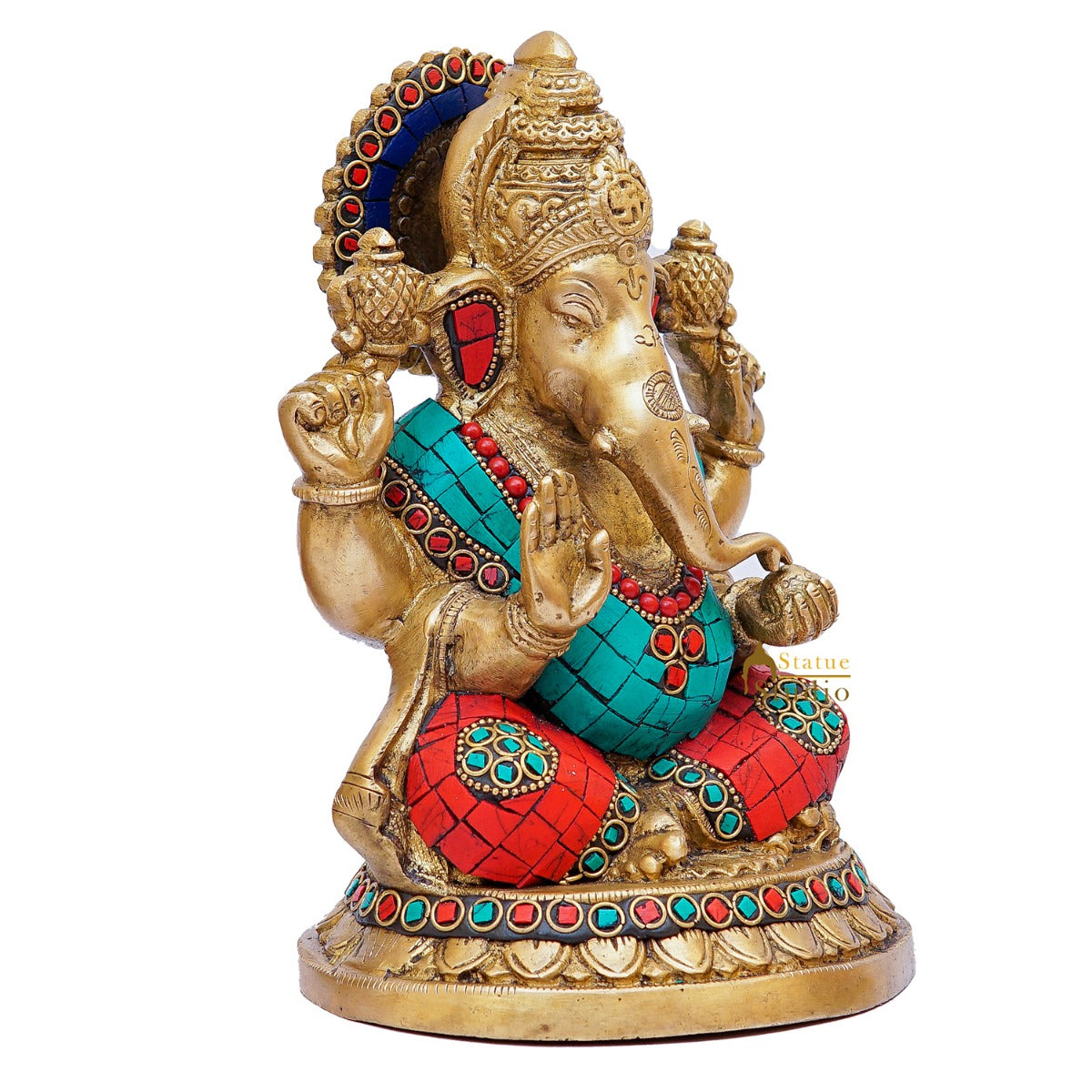 Brass Ganesha Statue Stone Work For Home Decor Gift 8" - Image 4