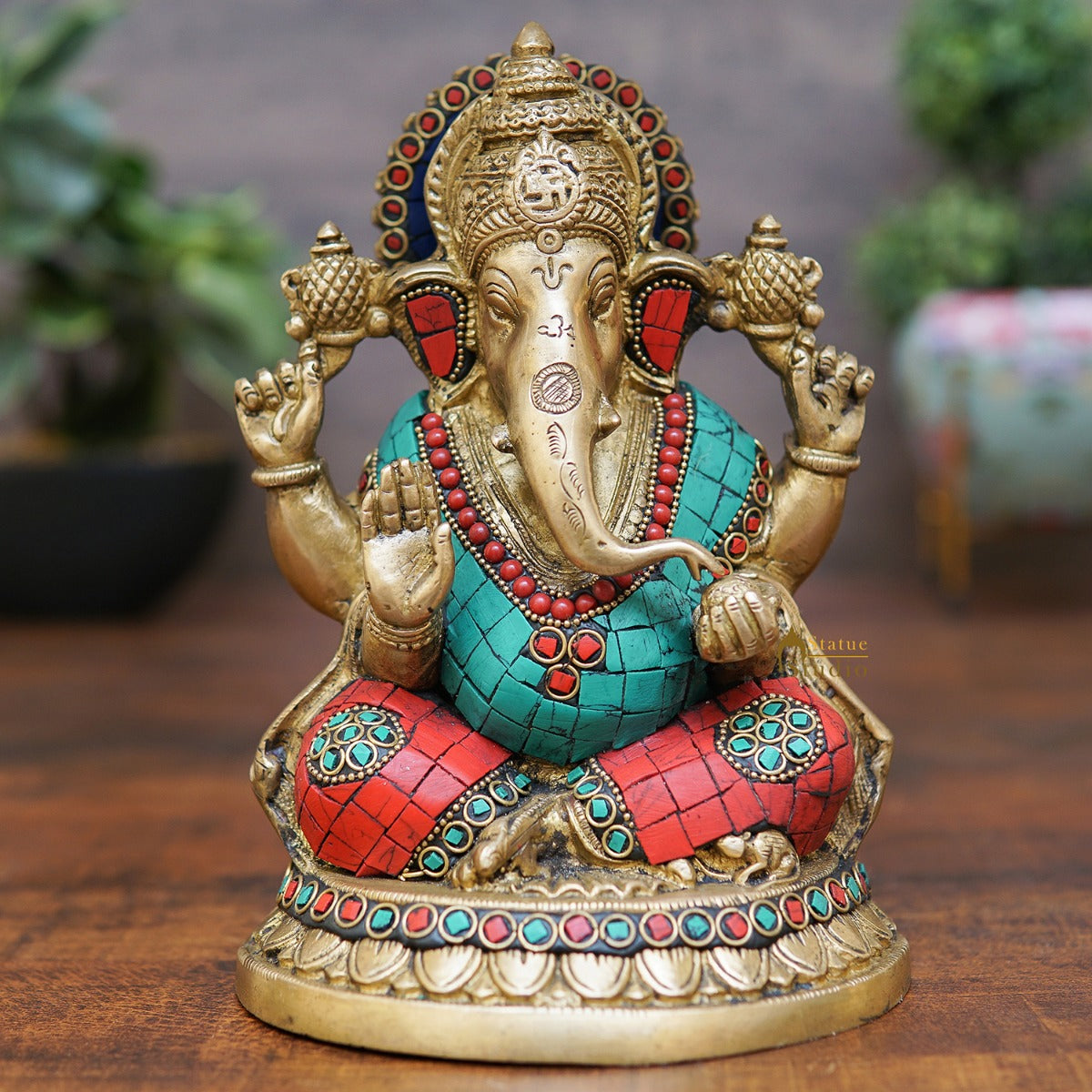 Brass Ganesha Statue Stone Work For Home Decor Gift 8" - Eco-friendly - Sama Homes