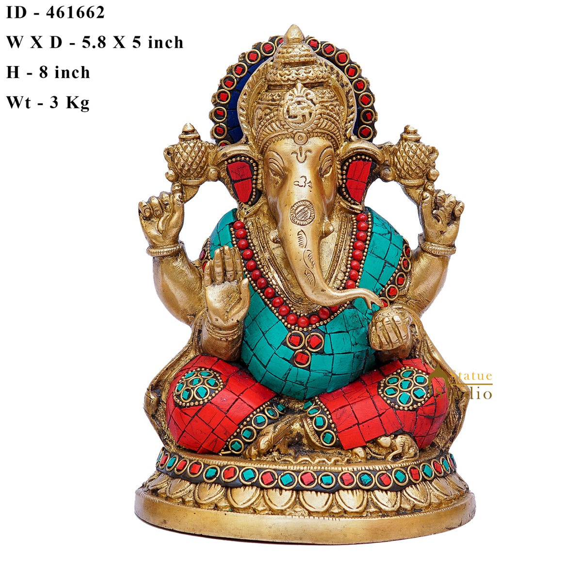 Brass Ganesha Statue Stone Work For Home Decor Gift 8" - Image 6