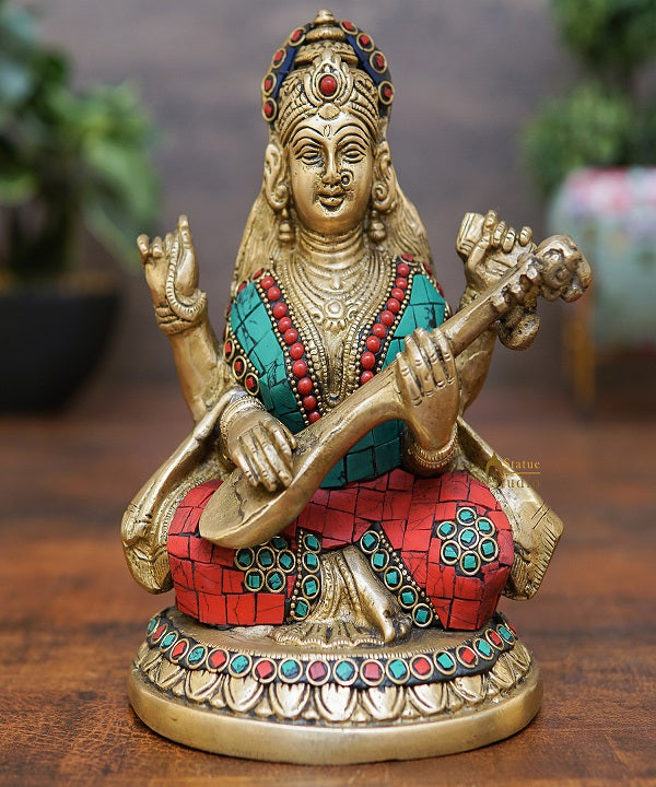 Brass Saraswati Statue Home Pooja Office Décor Diwali Gift Idol 8" - Image 2