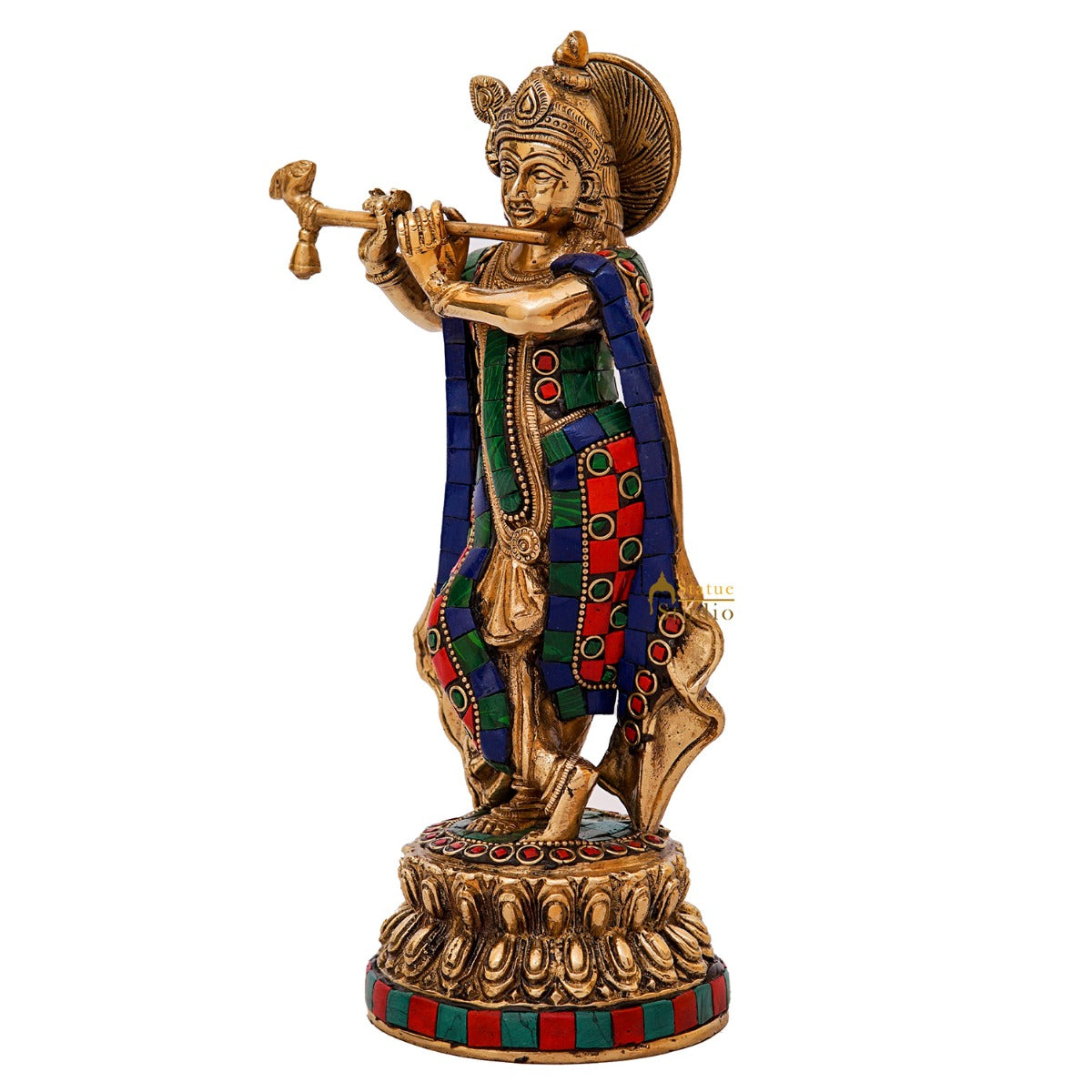 Brass Krishna Idol with Flute 10" by StatueStudio