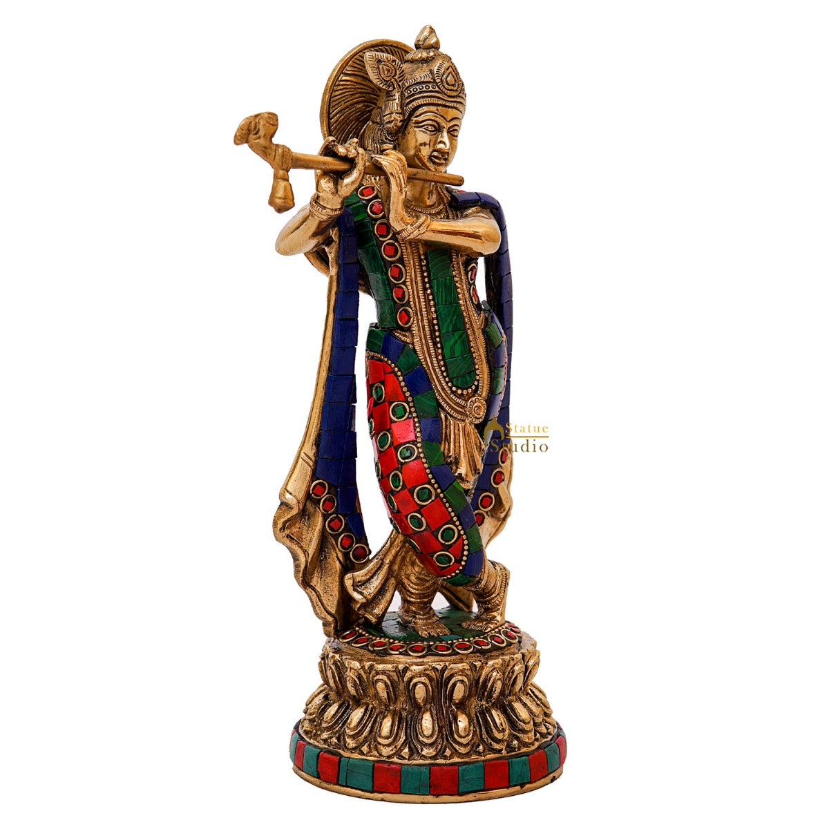 Brass Krishna Idol with Flute 10" by StatueStudio