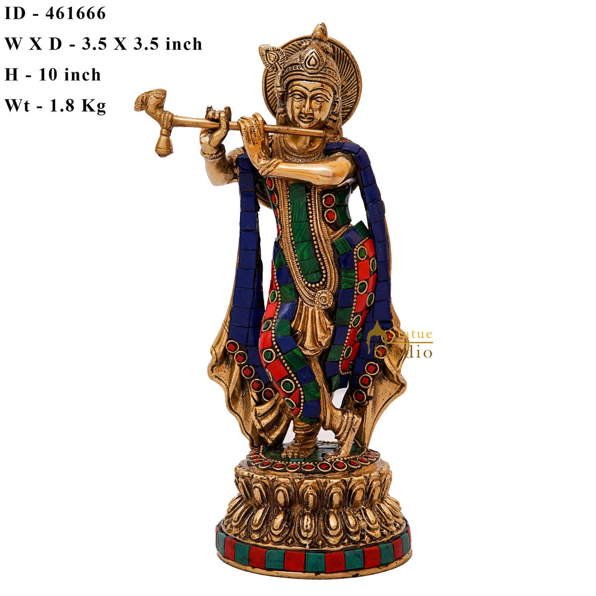 Brass Krishna Idol with Flute 10" by StatueStudio
