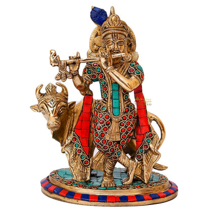 Brass Krishna With Cow Idol Home Table Pooja Décor Statue Gift Showpiece 8" by vendor-unknown - Hindu Gods (View 3)