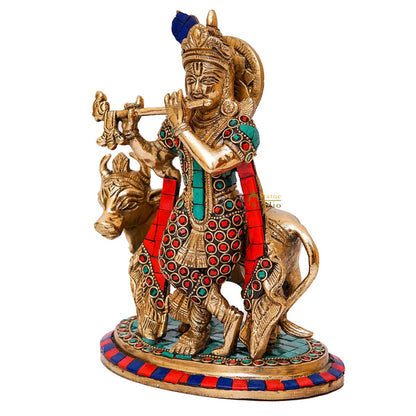 Brass Krishna With Cow Idol Home Table Pooja Décor Statue Gift Showpiece 8" by vendor-unknown - Hindu Gods (View 4)