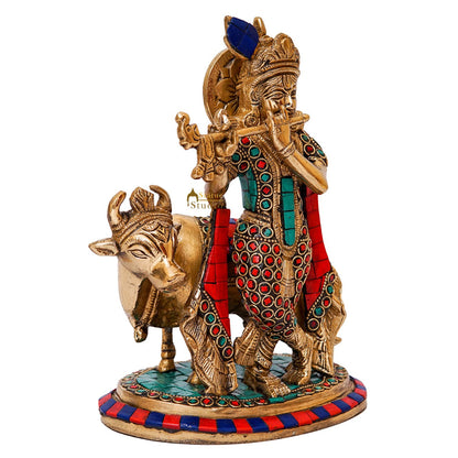 Brass Krishna With Cow Idol Home Table Pooja Décor Statue Gift Showpiece 8" by vendor-unknown - Hindu Gods (View 5)