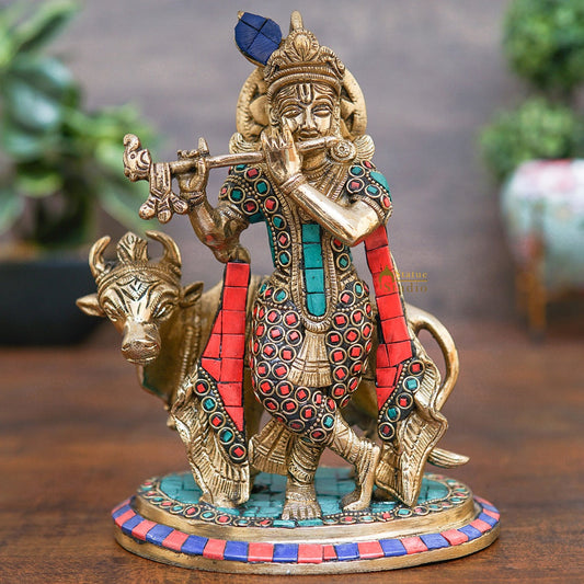 Brass Krishna With Cow Idol Home Table Pooja Décor Statue Gift Showpiece 8"