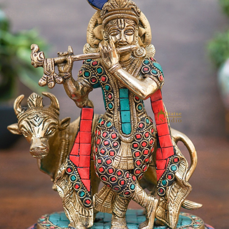 Brass Krishna With Cow Idol Home Table Pooja Décor Statue Gift Showpiece 8" - Image 2
