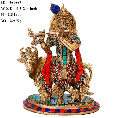 Brass Krishna With Cow Idol Home Table Pooja Décor Statue Gift Showpiece 8" by vendor-unknown - Hindu Gods (View 7)