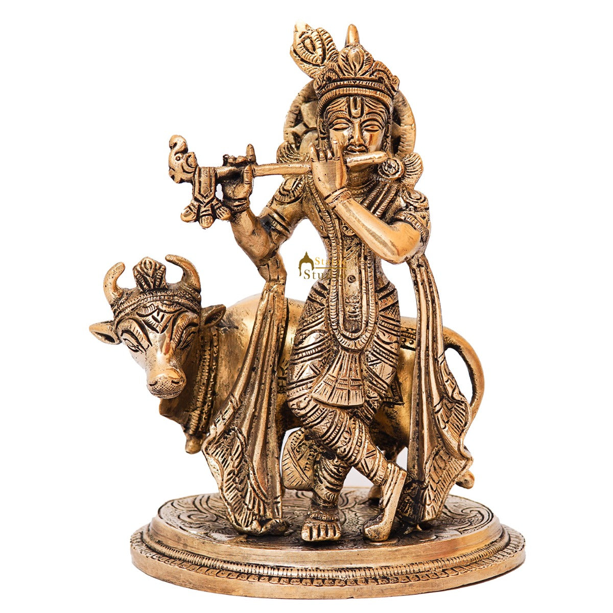 Brass Krishna Statue With Cow Idol Home Table Pooja Décor Statue Gift Showpiece 8" - Image 3