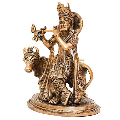 Brass Krishna Statue With Cow Idol Home Table Pooja Décor Statue Gift Showpiece 8" by vendor-unknown - Hindu Gods (View 4)