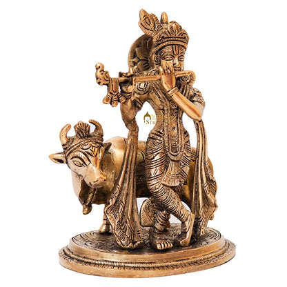 Brass Krishna Statue With Cow Idol Home Table Pooja Décor Statue Gift Showpiece 8" by vendor-unknown - Hindu Gods (View 5)