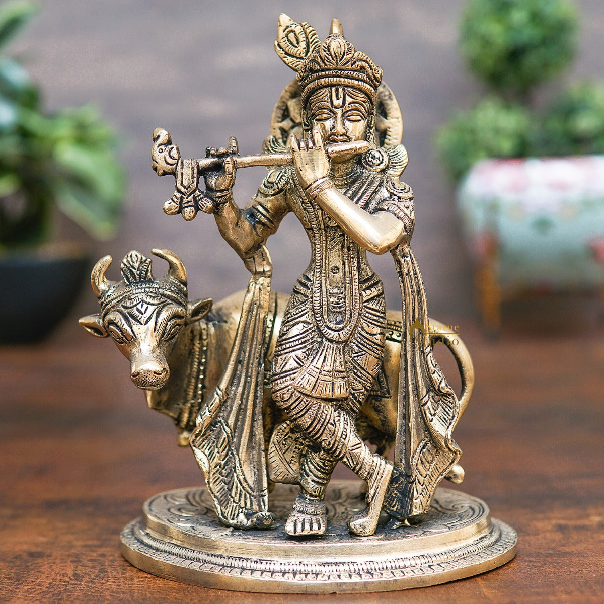 Brass Krishna Statue With Cow Idol Home Table Pooja Décor Statue Gift Showpiece 8" - Eco-friendly - Sama Homes