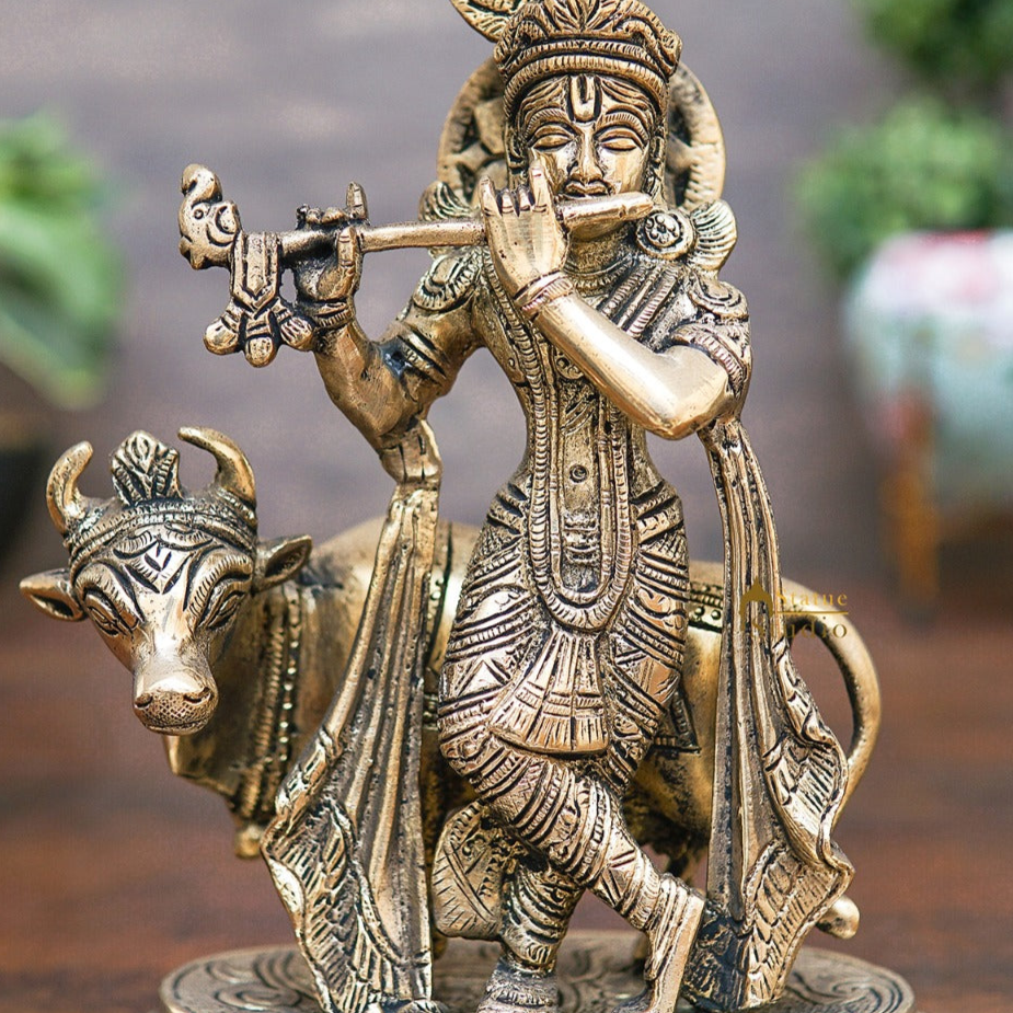 Brass Krishna Statue With Cow Idol Home Table Pooja Décor Statue Gift Showpiece 8" - Image 2