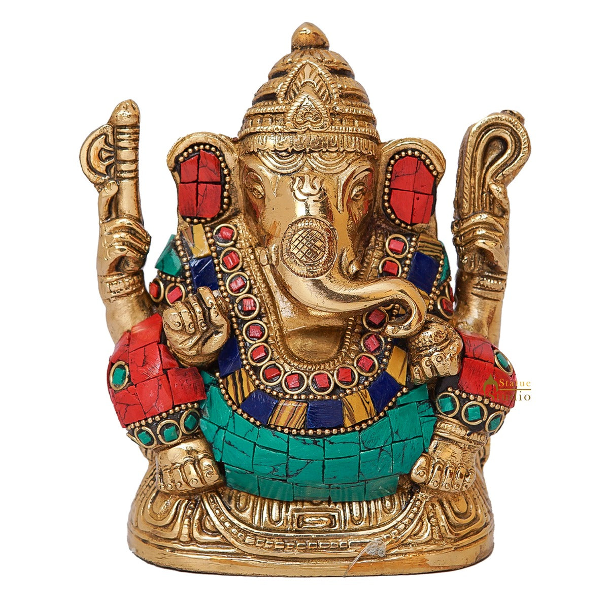 Brass Lord Ganesha Statue Stone Work For Home Office Decor Gift 5" - Image 2
