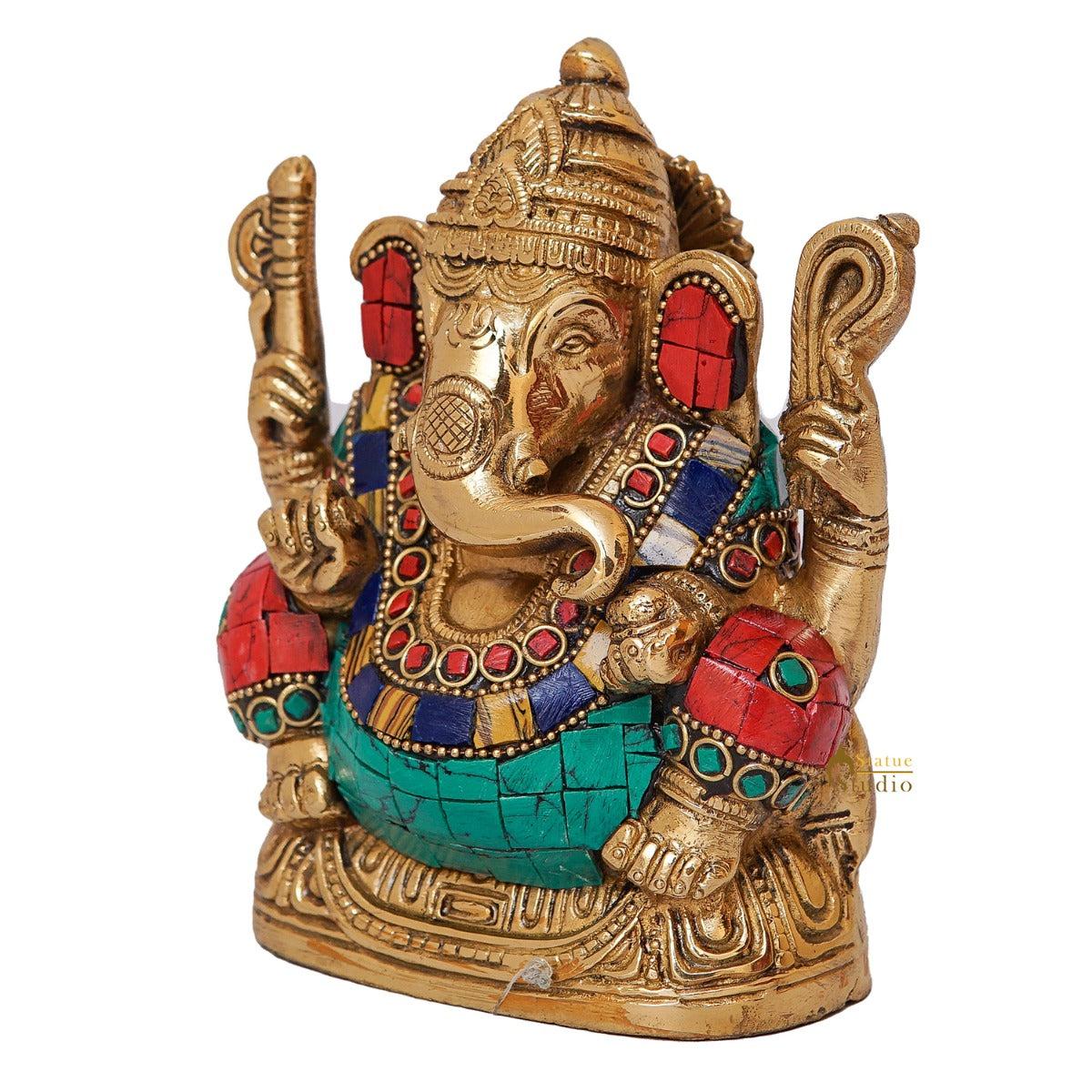 Brass Lord Ganesha Statue Stone Work For Home Office Decor Gift 5" - Image 4