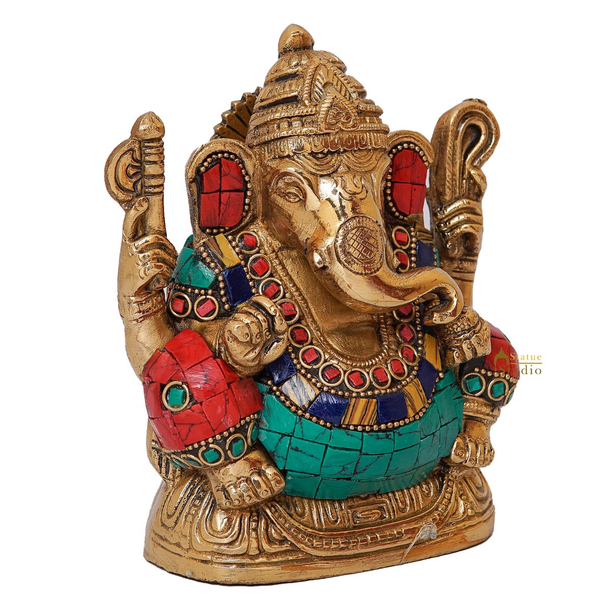 Brass Lord Ganesha Statue Stone Work For Home Office Decor Gift 5"