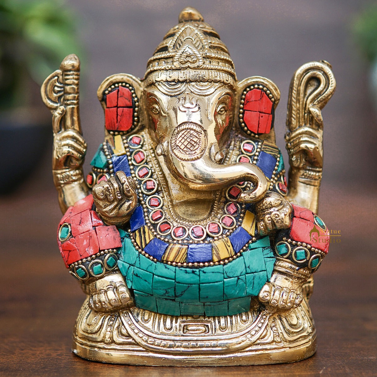 Brass Lord Ganesha Statue Stone Work For Home Office Decor Gift 5" - Eco-friendly - Sama Homes