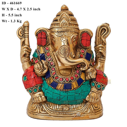 Brass Lord Ganesha Statue Stone Work For Home Office Decor Gift 5" by vendor-unknown - Hindu Gods (View 5)