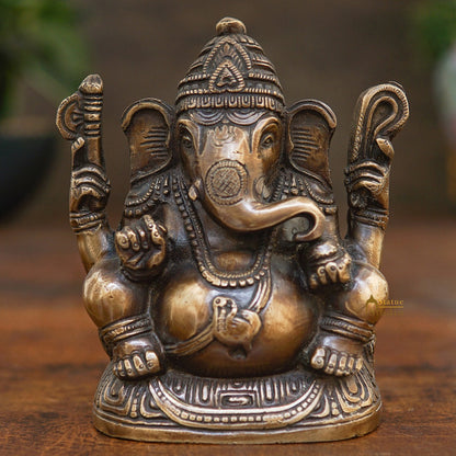 Brass Ganpati Idol Antique Finish For Home Office Decor Showpiece Gift 5" by vendor-unknown - Hindu Gods