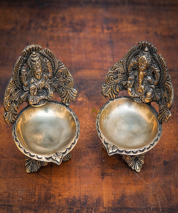 Brass Ganesha Lakshmi Diya For Pooja Room Home Diwali Décor Gift Showpiece 5" - Image 2