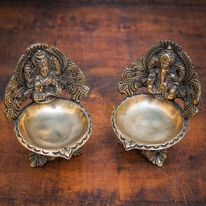Brass Ganesha Lakshmi Diya For Pooja Room Home Diwali Décor Gift Showpiece 5" by vendor-unknown - Spiritual