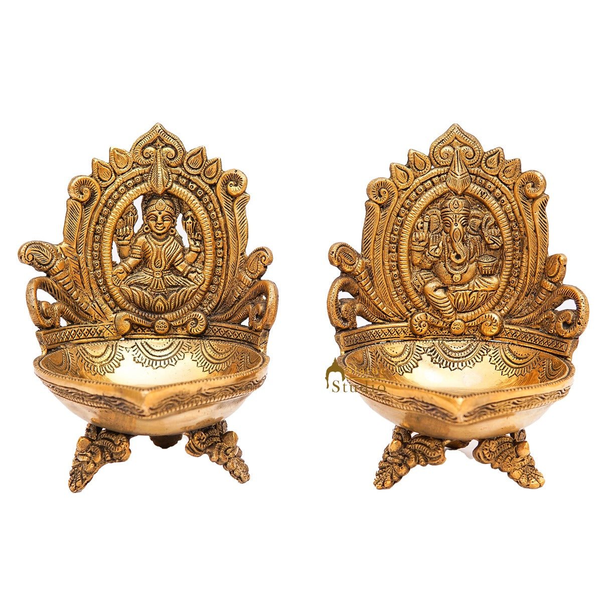 Brass Ganesha Lakshmi Diya For Pooja Room Home Diwali Décor Gift Showpiece 7" - Image 3