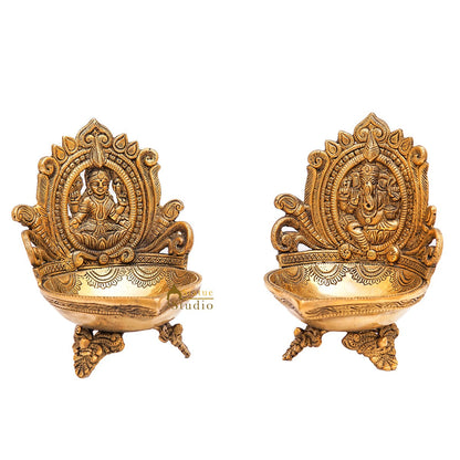 Brass Ganesha Lakshmi Diya For Pooja Room Home Diwali Décor Gift Showpiece 7" by vendor-unknown - Spiritual (View 4)