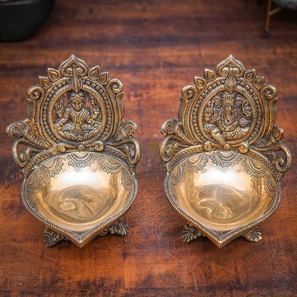 Brass Ganesha Lakshmi Diya For Pooja Room Home Diwali Décor Gift Showpiece 7" by vendor-unknown - Spiritual