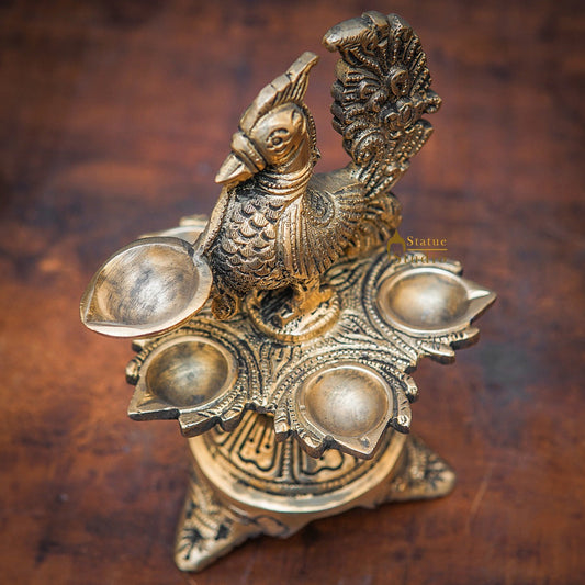Brass Peacock Bird Diya For Pooja Room Home Diwali Décor Gift Showpiece 7"