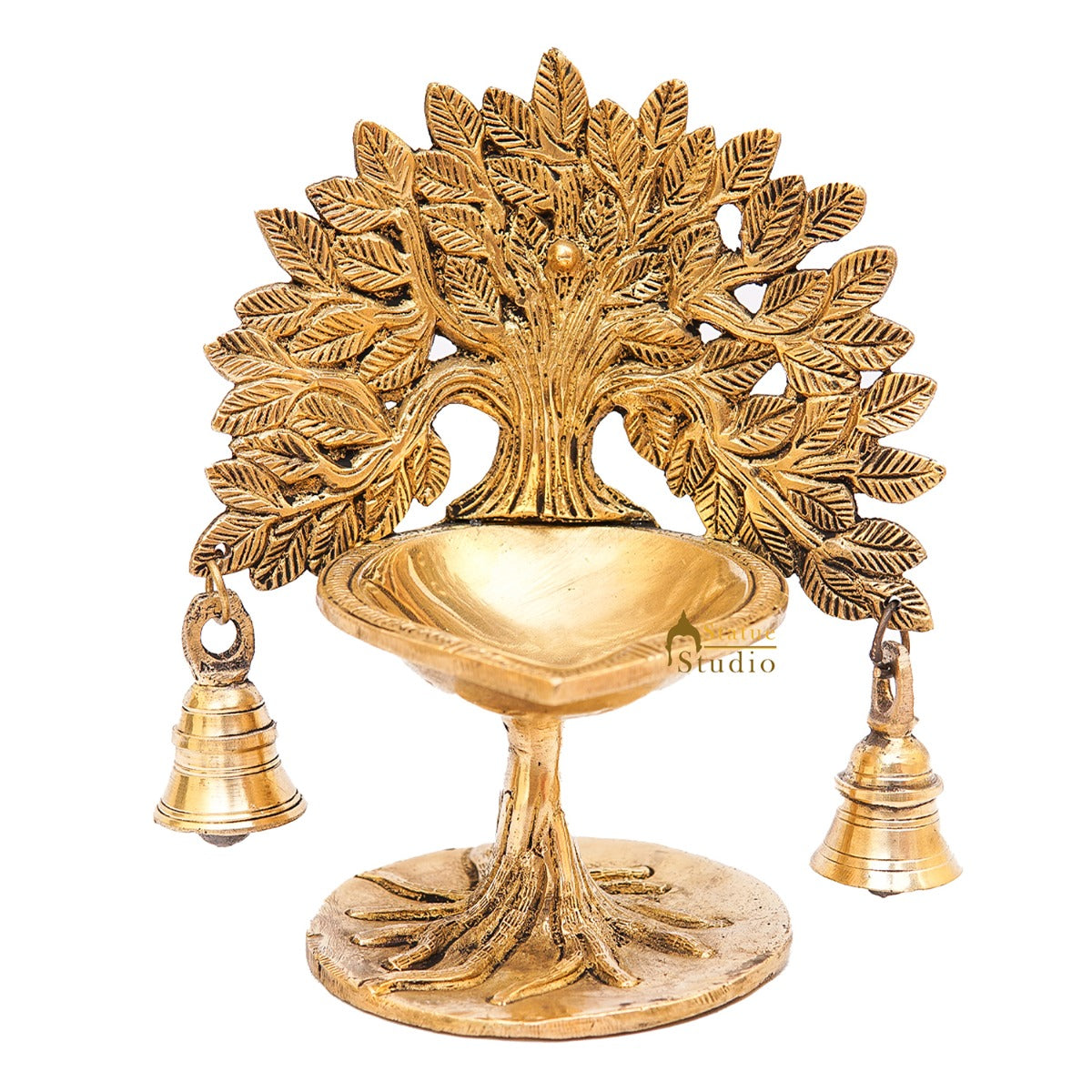 Brass Tree Diya With Bells For Pooja Room Home Diwali Décor Gift Showpiece 5"