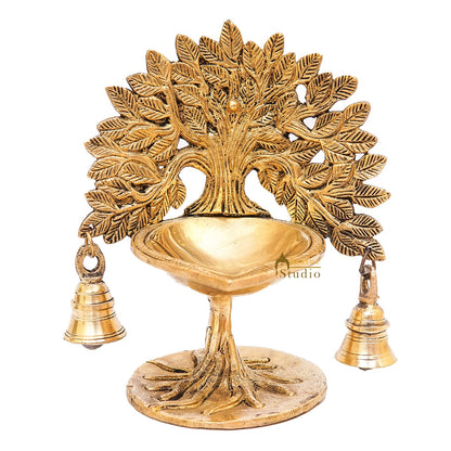 Brass Tree Diya With Bells For Pooja Room Home Diwali Décor Gift Showpiece 5" by vendor-unknown - Spiritual (View 3)