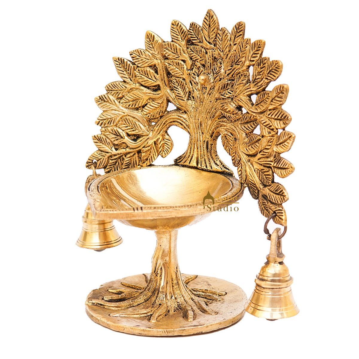 Brass Tree Diya With Bells For Pooja Room Home Diwali Décor Gift Showpiece 5" - Image 4