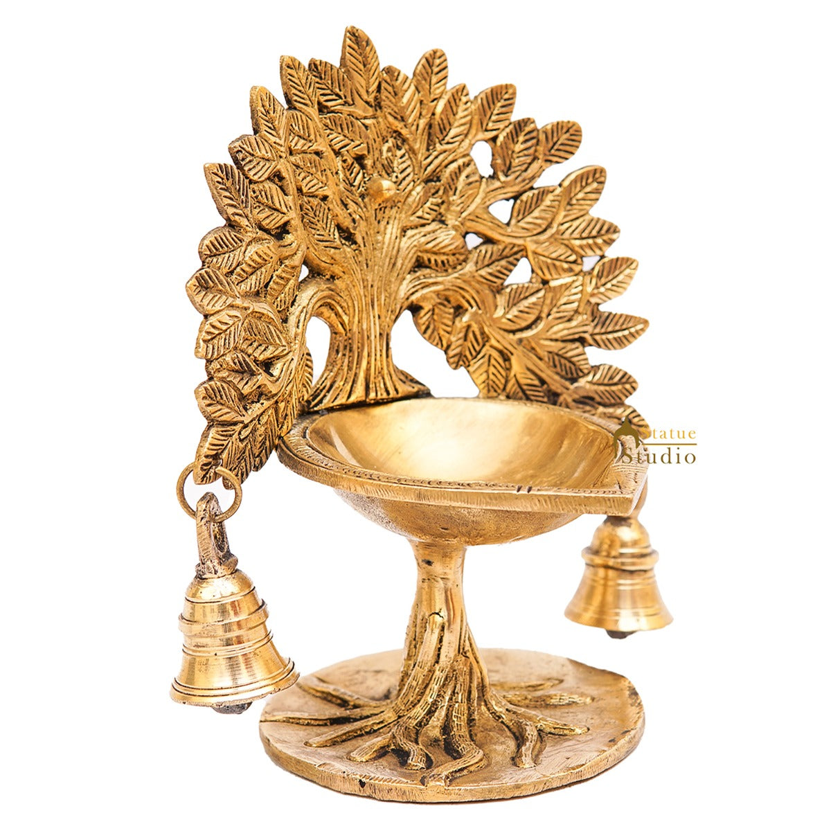 Brass Tree Diya With Bells For Pooja Room Home Diwali Décor Gift Showpiece 5"