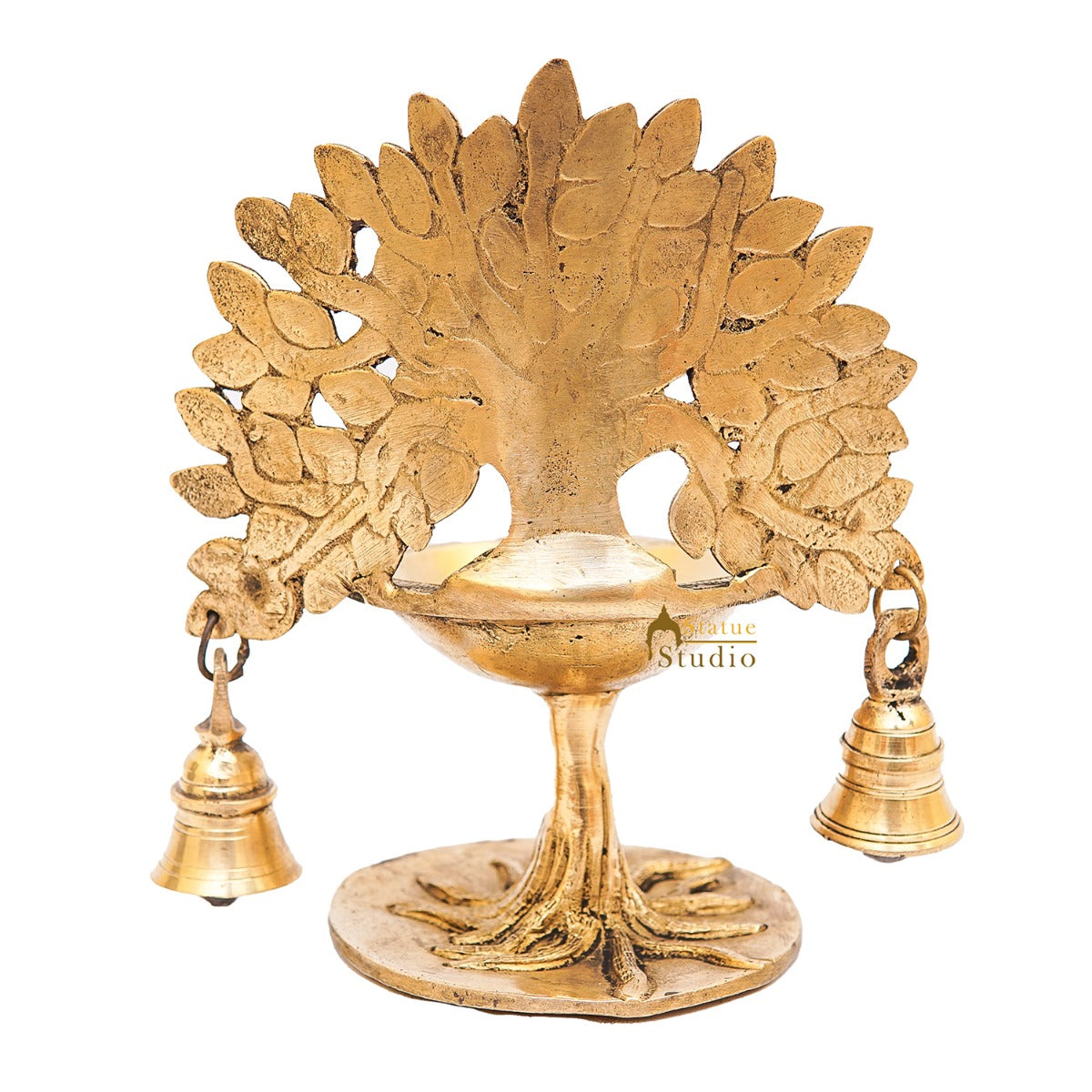 Brass Tree Diya With Bells For Pooja Room Home Diwali Décor Gift Showpiece 5" - Image 6