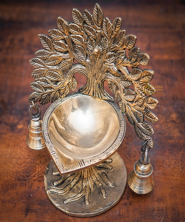 Brass Tree Diya With Bells For Pooja Room Home Diwali Décor Gift Showpiece 5" - Image 2