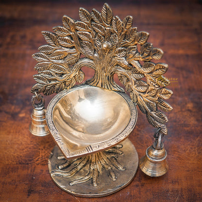 Brass Tree Diya With Bells For Pooja Room Home Diwali Décor Gift Showpiece 5" by vendor-unknown - Spiritual
