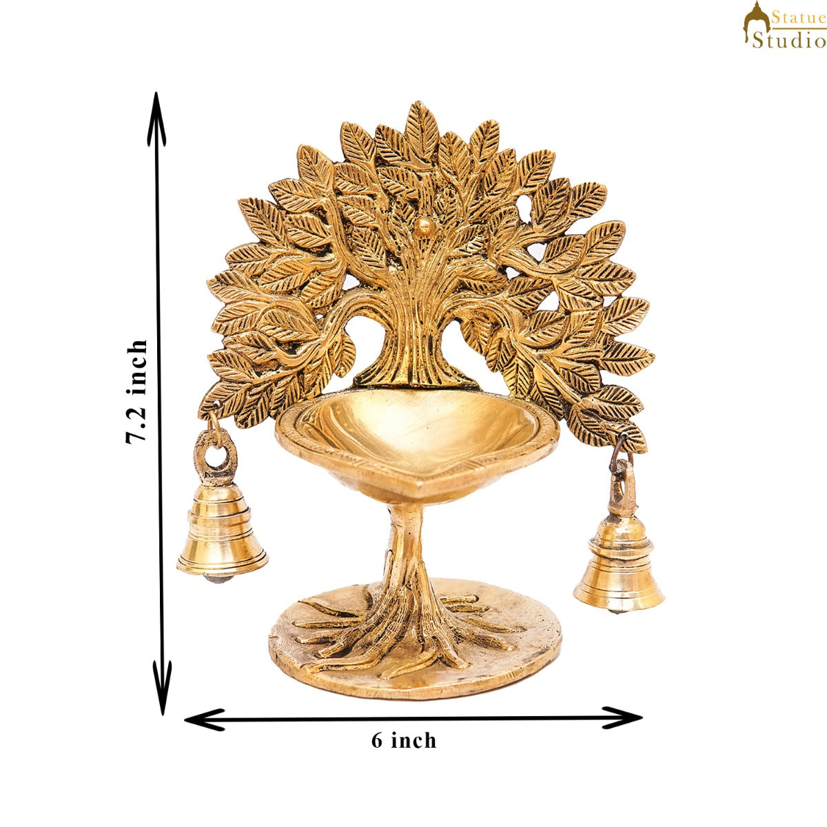 Brass Tree Diya With Bells For Pooja Room Home Diwali Décor Gift Showpiece 5" - Image 7