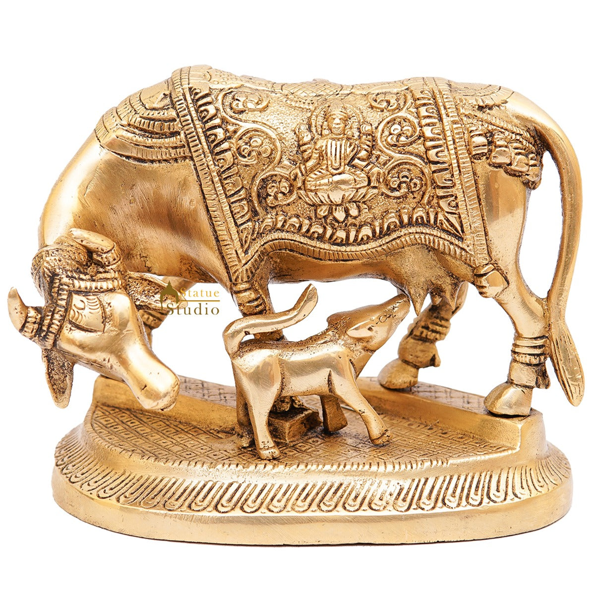Brass Cow With Calf Idol Lakshmi Ji Engraved Home Pooja Room Décor Showpiece 5" - Image 3