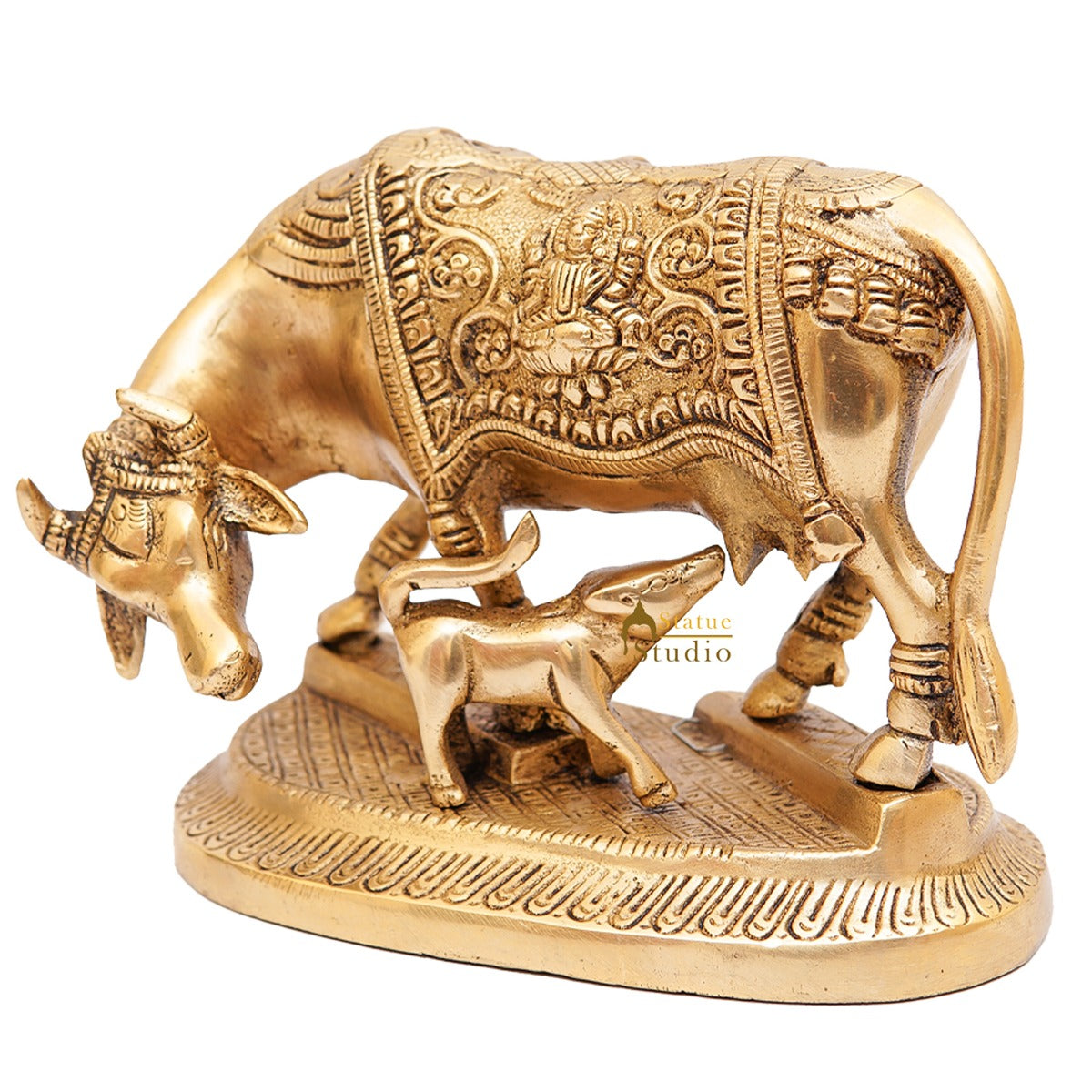 Brass Cow With Calf Idol Lakshmi Ji Engraved Home Pooja Room Décor Showpiece 5" - Image 4