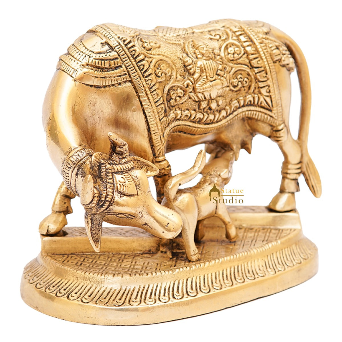 Brass Cow With Calf Idol Lakshmi Ji Engraved Home Pooja Room Décor Showpiece 5"