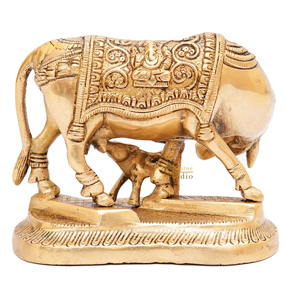 Brass Cow With Calf Idol Lakshmi Ji Engraved Home Pooja Room Décor Showpiece 5"