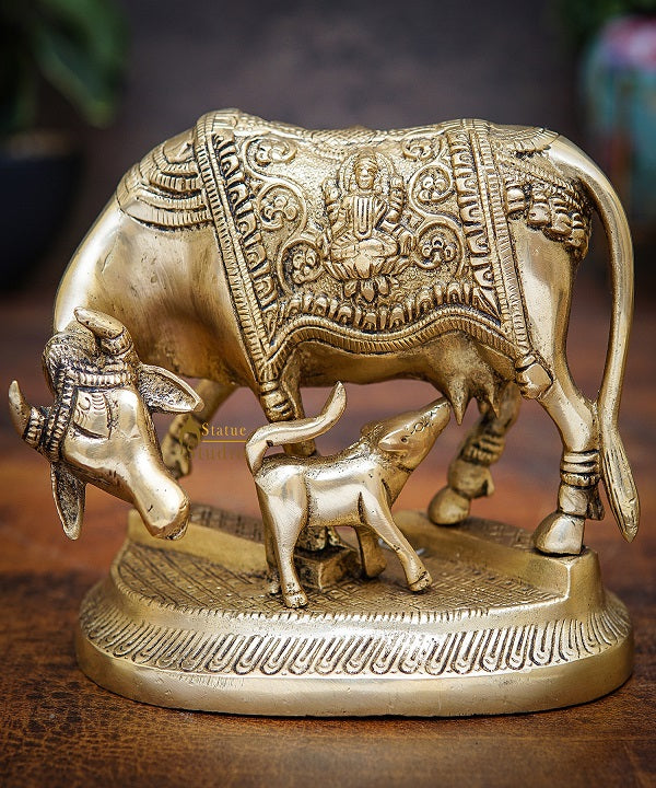Brass Cow With Calf Idol Lakshmi Ji Engraved Home Pooja Room Décor Showpiece 5" - Image 2