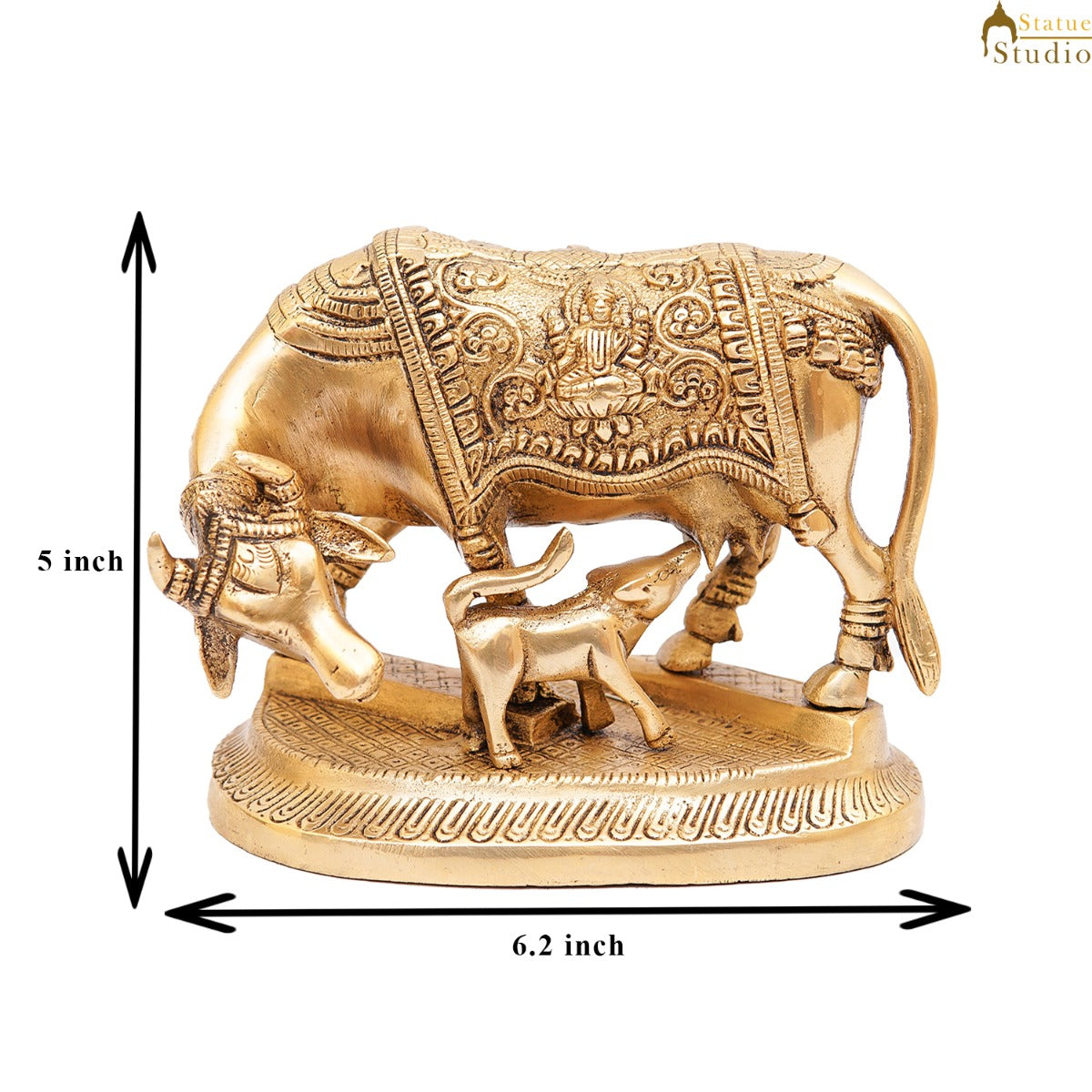 Brass Cow With Calf Idol Lakshmi Ji Engraved Home Pooja Room Décor Showpiece 5" - Image 7